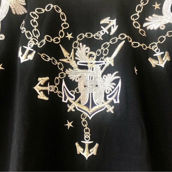 Gardy Embroidered Black Nautical Theme Three Quarter Length Sleeve Top - Picture 3 of 7